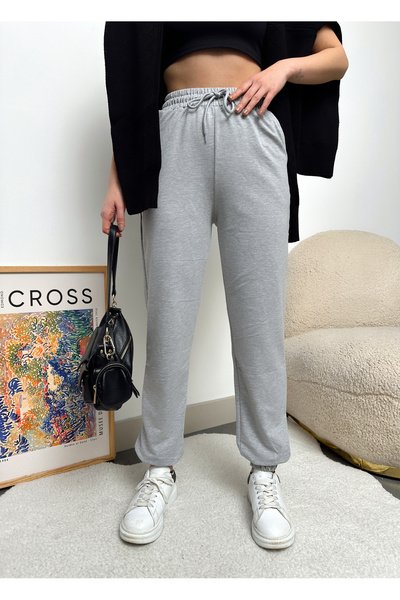 schlank Kadın Gri Paçası Lastikli Yüksek Bel Jogger Eşofman Altı