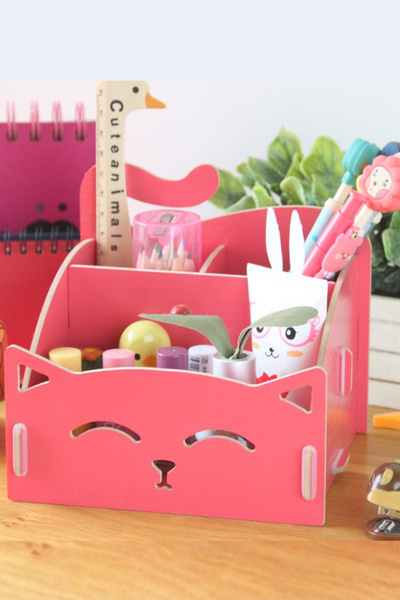 OYART&DESIGN منظم سطح المكتب منظم حامل القلم الخشبي بنمط القطة الوردية