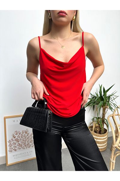 schlank Women's Red Rope Strap Degaje Collar Luxury Blouse