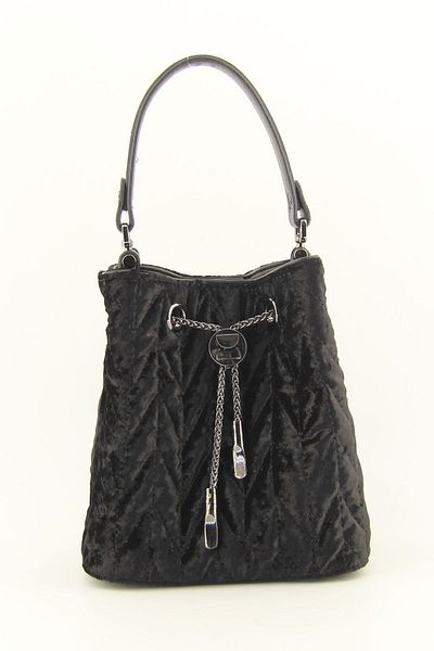 HNB Women's Black Drawstring Quilted Velvet Handbag