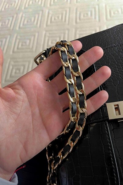 Nildenhobim Siyah Suni Derili Gümüş Ve Altın Renk Zincirli Çanta Askı Seti ( Ikili Set )