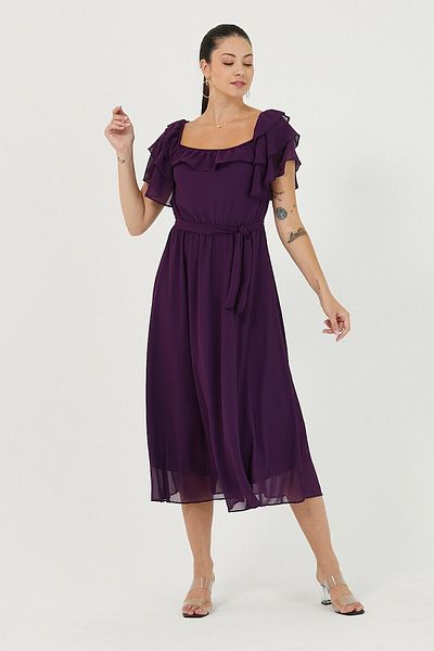 zks grup tekstil Φόρεμα σιφόν με λαιμόκοψη Plum Flounced Madonna