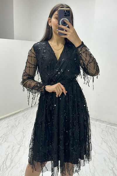 zks grup tekstil Βραδινό φόρεμα με διπλό στήθος Sequin Plus Size
