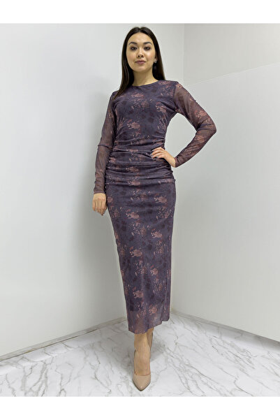 zks grup tekstil Γυναικείο φόρεμα με μωβ λουλουδάτο σχέδιο με λαιμόκοψη από τούλι ελαστικό ύφασμα Plus Size