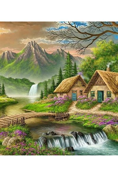 Marcel Kristal Tablo 61x69 cm Village House Diamond Mosaic Painting on the Edge of the Creek