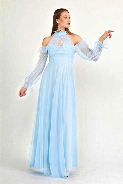 zks grup tekstil Βραδινό φόρεμα Baby Blue Tulle Draped Plus Size