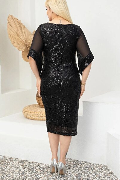 zks grup tekstil Dámské černé večerní šaty velikosti Midi s flitrovým šifonem s polovičním rukávem