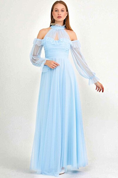 zks grup tekstil Βραδινό φόρεμα Baby Blue Tulle Draped Plus Size