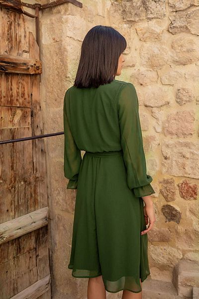 zks Khaki Double Breasted Collar Chiffon Plus Size Dress