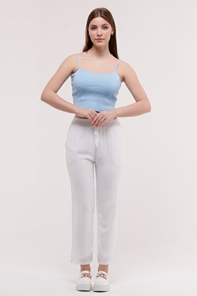 Sfg Life Moda Kadın Yazlık Önü Bağcık'lı Ve Beli Lastikli Şık Dokuma Viskon Cepli Kumaş Pantalon