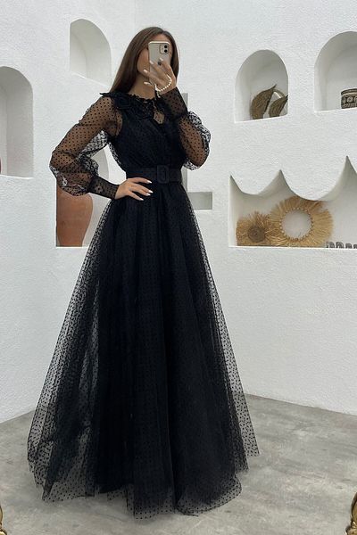 zks grup tekstil Women's Black Polka Dot Tulle Belted Collar Detail Evening Dress