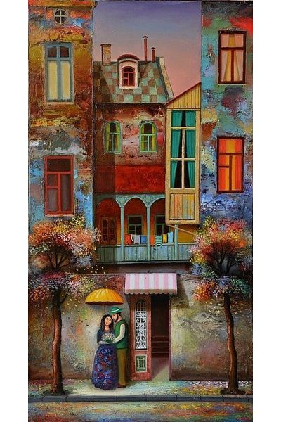 Marcel Kristal Tablo Pair Diamond Mosaic Painting in Front of Colorful Houses 33x60cm