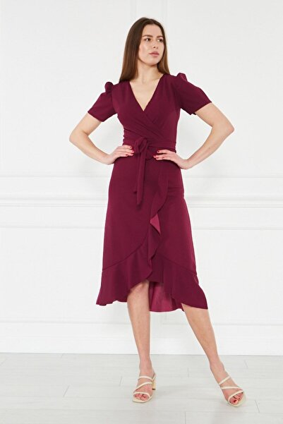zks grup tekstil Plum Belted Valon Plus Size Dress