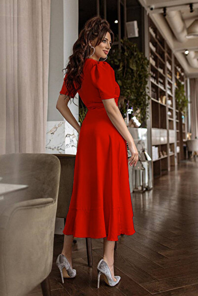 zks grup tekstil Women's Red Valon Belted Midi Short Sleeve Dress