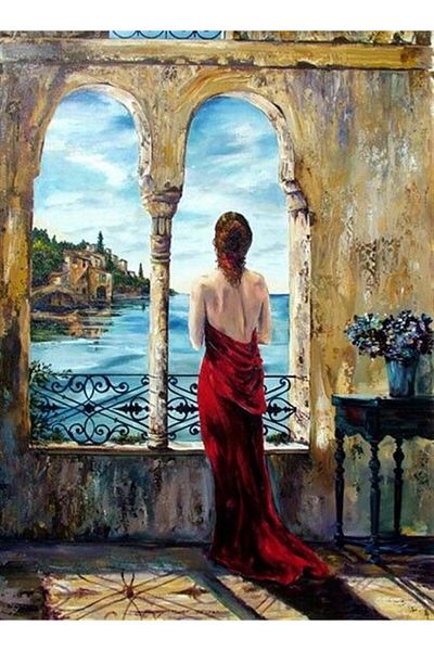 Marcel Kristal Tablo Women's Painting in Red Dress and Diamond Mosaic - 41x56cm