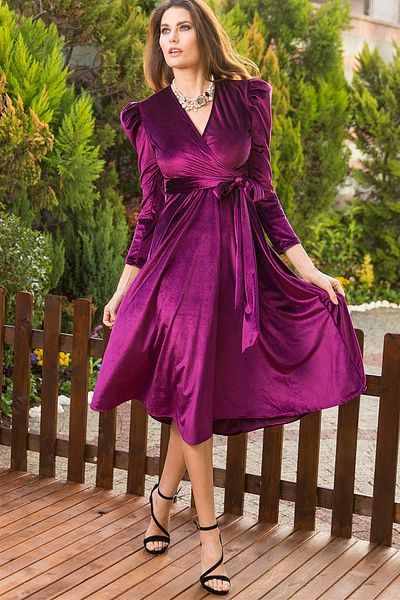 zks grup tekstil Plum Watermelon Sleeve Double Breasted Velvet Belted Plus Size Dress