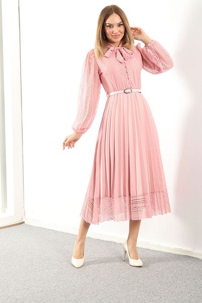 zks grup tekstil Pink Halter Neck French Guipure plisované večerní šaty