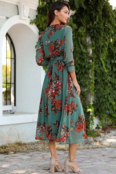 zks grup tekstil Πράσινο φλοράλ φόρεμα με διπλό γιακά με φόδρα σιφόν