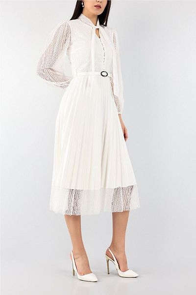 zks White Halter Neck French Guipure Pleated Evening Dress