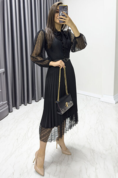 zks grup tekstil Fekete kötőfék csipke részletesen rakott estélyi ruha