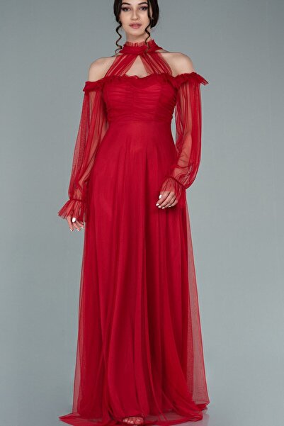zks grup tekstil Red Tulle Draped Plus Size Evening Dress
