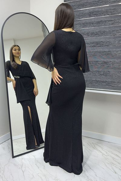 zks grup tekstil Women's Black Short Sleeve Glitter Long Stone Deaty Plus Size New Season Evening Dress
