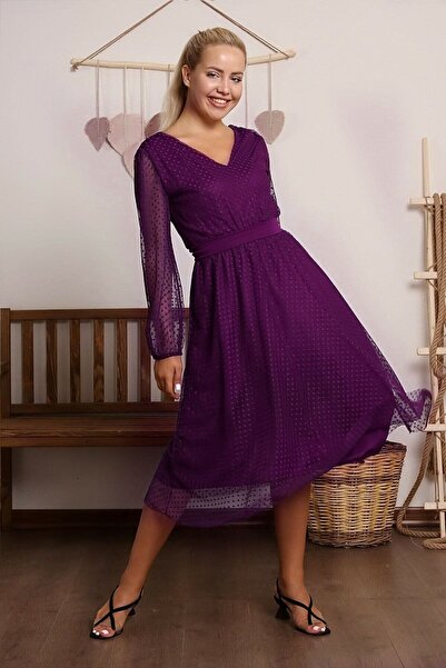 zks grup tekstil Μωβ φόρεμα με πουά τούλι με ζώνη