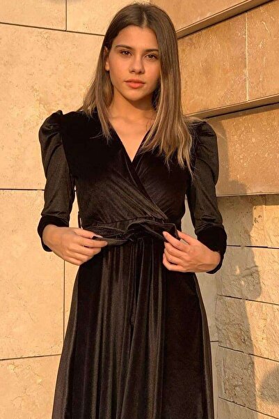 zks grup tekstil Μαύρο μανίκι καρπούζι με διπλό στήθος βελούδινο φόρεμα με ζωσμένο μέγεθος