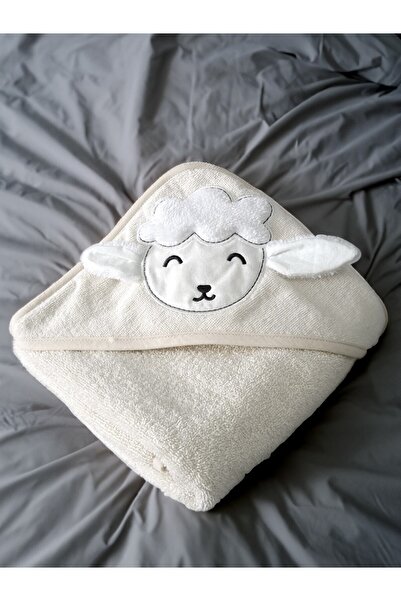 Tanem Home %100 Pamuk Krem Kuzu Desen Nakışlı Bebek Havlu Kundak 75x75cm