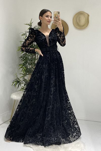 zks grup tekstil Γυναικείο βραδινό φόρεμα Black Flock Print μεγάλου μεγέθους με ζώνη