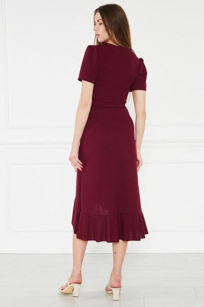 zks grup tekstil Burgundy Belted Valon Plus Size Dress
