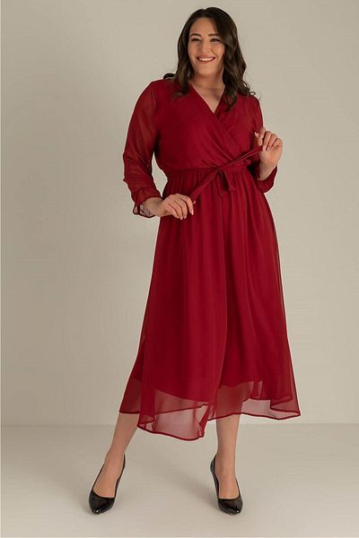 zks grup tekstil Φόρεμα σιφόν με φόδρα μπορντό Plus Size