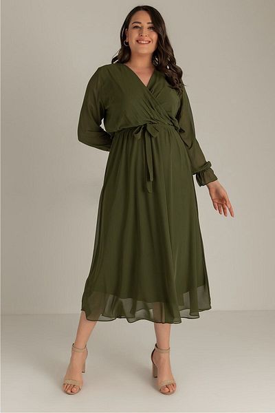 zks grup tekstil Khaki Plus Size Lined Belted Chiffon Dress