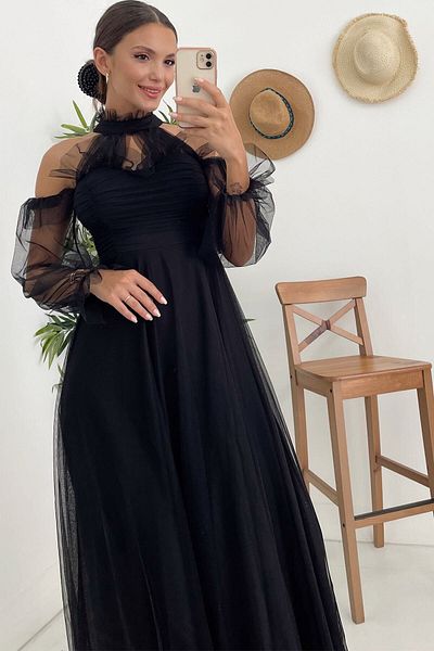 zks grup tekstil Βραδινό φόρεμα μαύρο με ντραπέ από τούλι