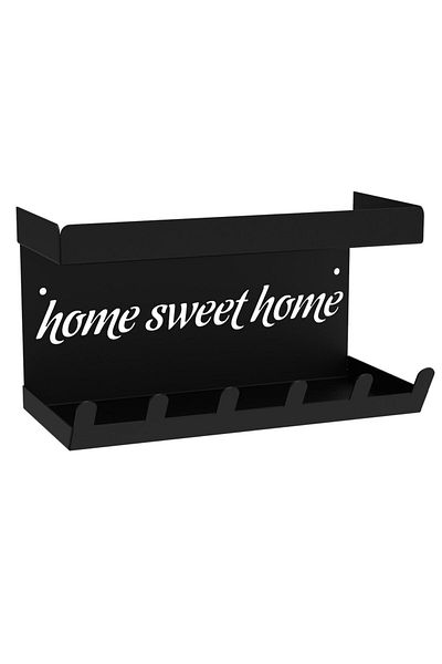 decorelax Home Sweet Home Keychain Hanger with Wall Mounted Shelf and 6 Hooks - Black