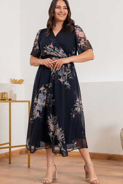 zks grup tekstil Φόρεμα σιφόν με φλοράλ κοντό μανίκι Navy Blue