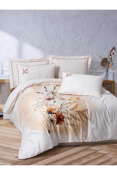 Cotton Box Double Elite Satin Duvet Cover Set Bouquet Ecru
