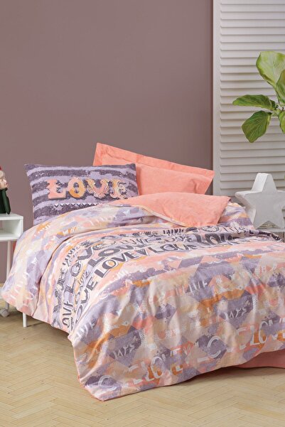 Cotton Box Genç Odası Tek Kişilik Lastikli Çarşaflı Nevresim Takımı Love Pudra
