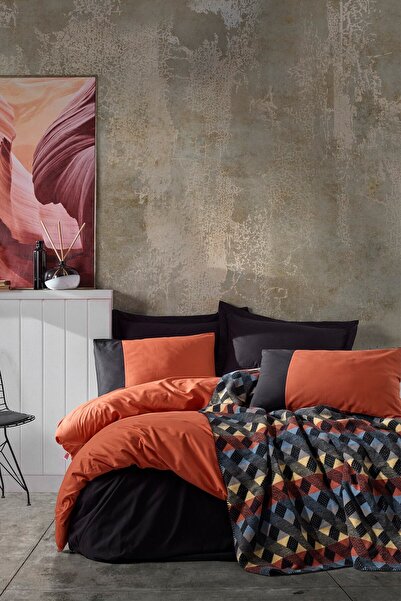 Cotton Box Plain Pamuk Battaniyeli Çift Kişilik Nevresim Takımı Kremit - Siyah