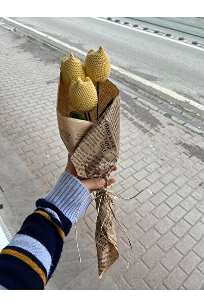 çınar kadın kooperatifi Örgü Sarı 3'lü Lale Buketi,Sarı Lale,Örgü Çiçek Buket...