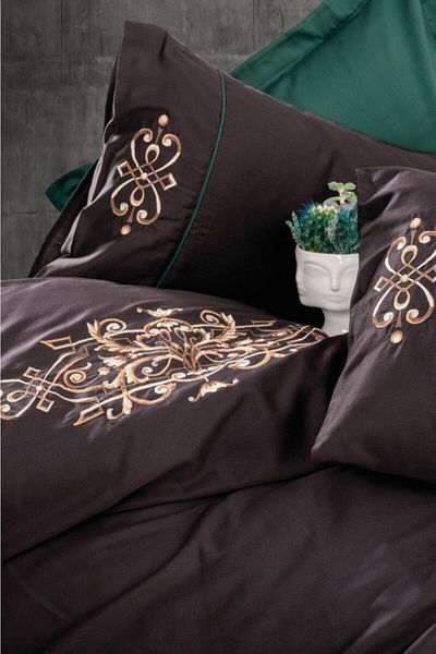 Cotton Box Embroidered Double Satin Duvet Cover Set Tiana Green