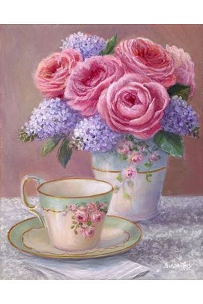 Marcel Kristal Tablo 46x57cm Mosaic Painting - Pink Rose and Cup with Diamond Detail