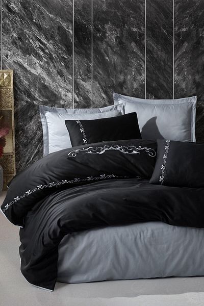 Cotton Box Embroidery Satin Double Duvet Cover Set Gloria Gray