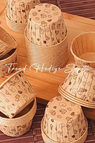 Trend Hediye Sepeti 50-Piece Cake Patterned Cupcake Mold, Kraft Patterned Muffin Cake Mold, Cake Capsule, Airfryer Compatible