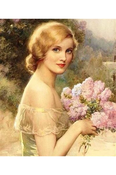 MARCEL SANAT Woman Holding a Flower Bouquet Marcel Art Diamond Mosaic Painting 43X51Cm