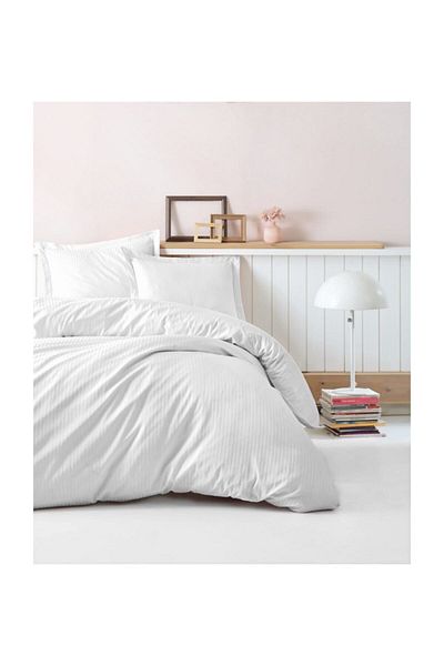 Cotton Box Set cuvertură dublă din satin cu dungi elegant, alb
