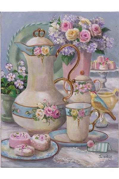 Marcel Kristal Tablo Diamond Mosaic Flower Patterned Tea Time Painting - 38x51cm