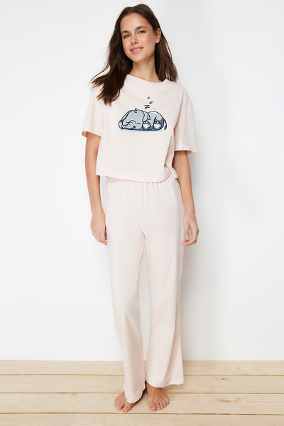 Trendyol Collection Σετ πλεκτές πιτζάμες σε σκόνη 100% βαμβακερό ελέφαντα THMSS24PT00070