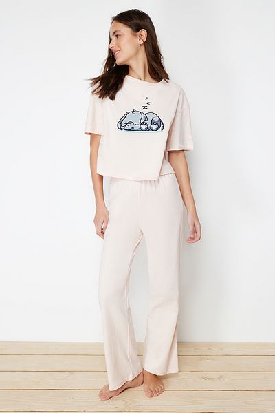 Trendyol Collection Σετ πλεκτές πιτζάμες σε σκόνη 100% βαμβακερό ελέφαντα THMSS24PT00070