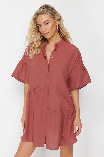 Trendyol Collection Tile Wide Fit Mini Woven Flounce 100% Cotton Beach Dress TBESS20EL0873